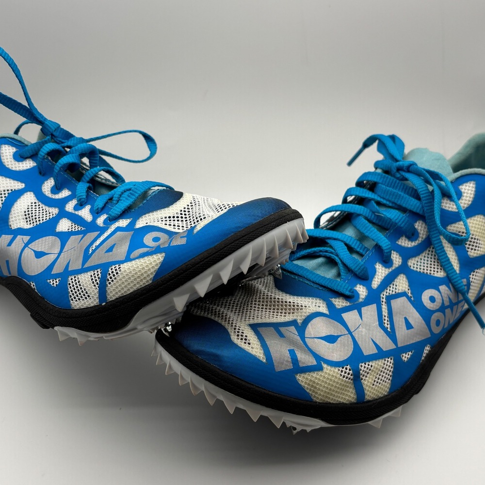 Hoka One One Rocket LD Men 10.5 White Cyan Track Field Distance‎ Spikes 1013929